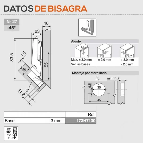 Bisagra -45º Blum de Ángulo con Solapamiento Total para Cocina