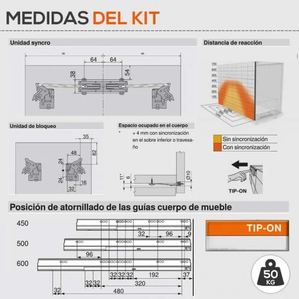 Guías 50 kg TIP-ON para Cajones y Caceroleros Tandembox Antaro
