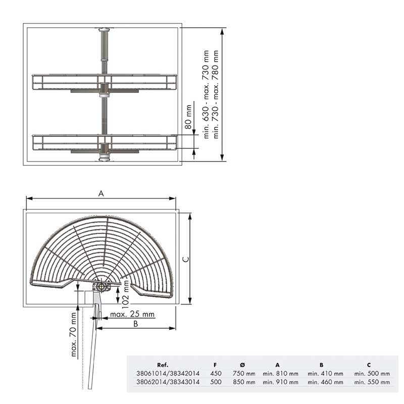 juego bandejas giratorias mueble de cocina, 180º , módulo 800 mm