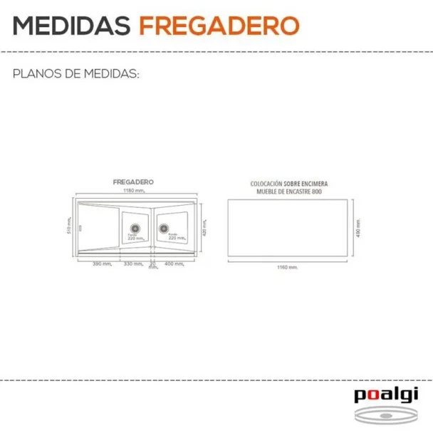 Fregadero Sintético 2 Senos con Escurridor Poalgi KUMA 306