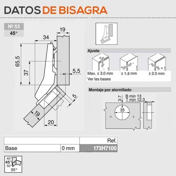 Bisagra +45º Blum de Ángulo Semisolapada Interior para Cocina